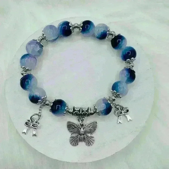 Blue Berry Gradient Glass Bead Bracelet with Butterfly Charms - Picture 2 of 5
